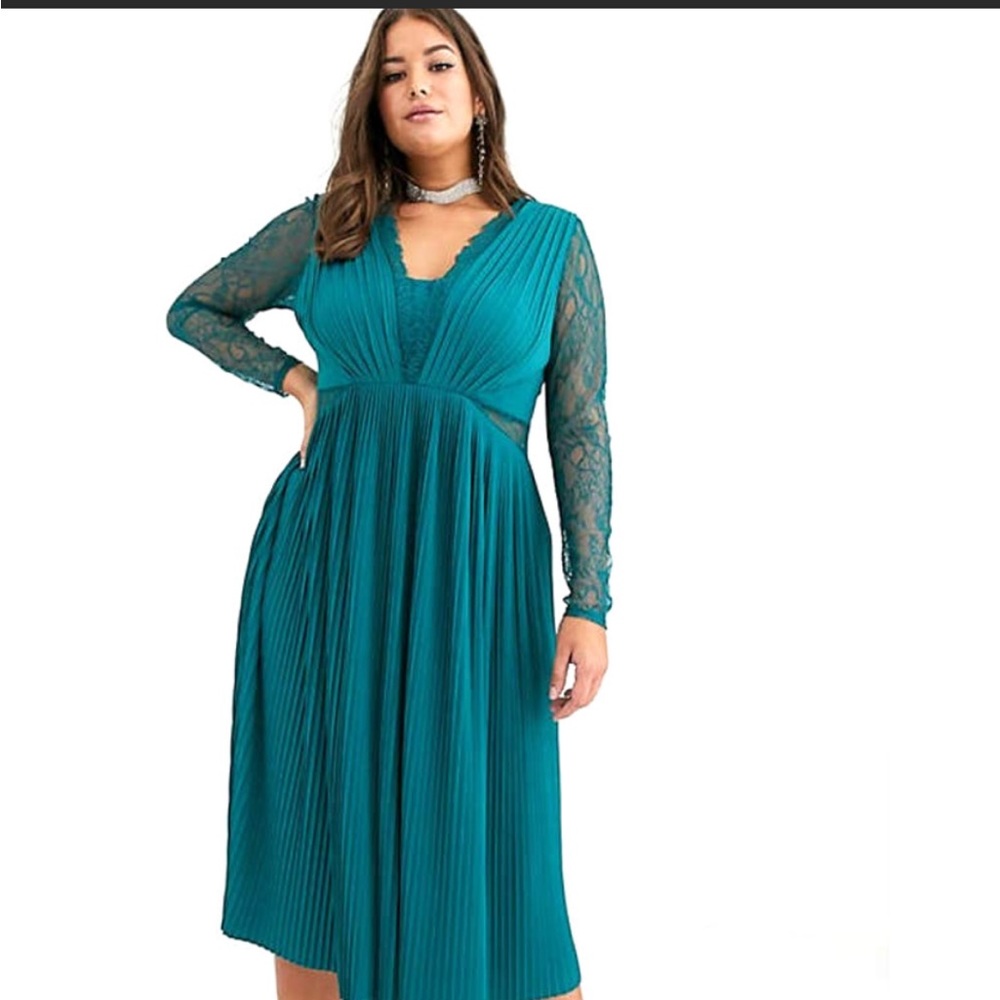 ASOS Curve lace and pleated long sleeve midi Cocktail dress, US 24